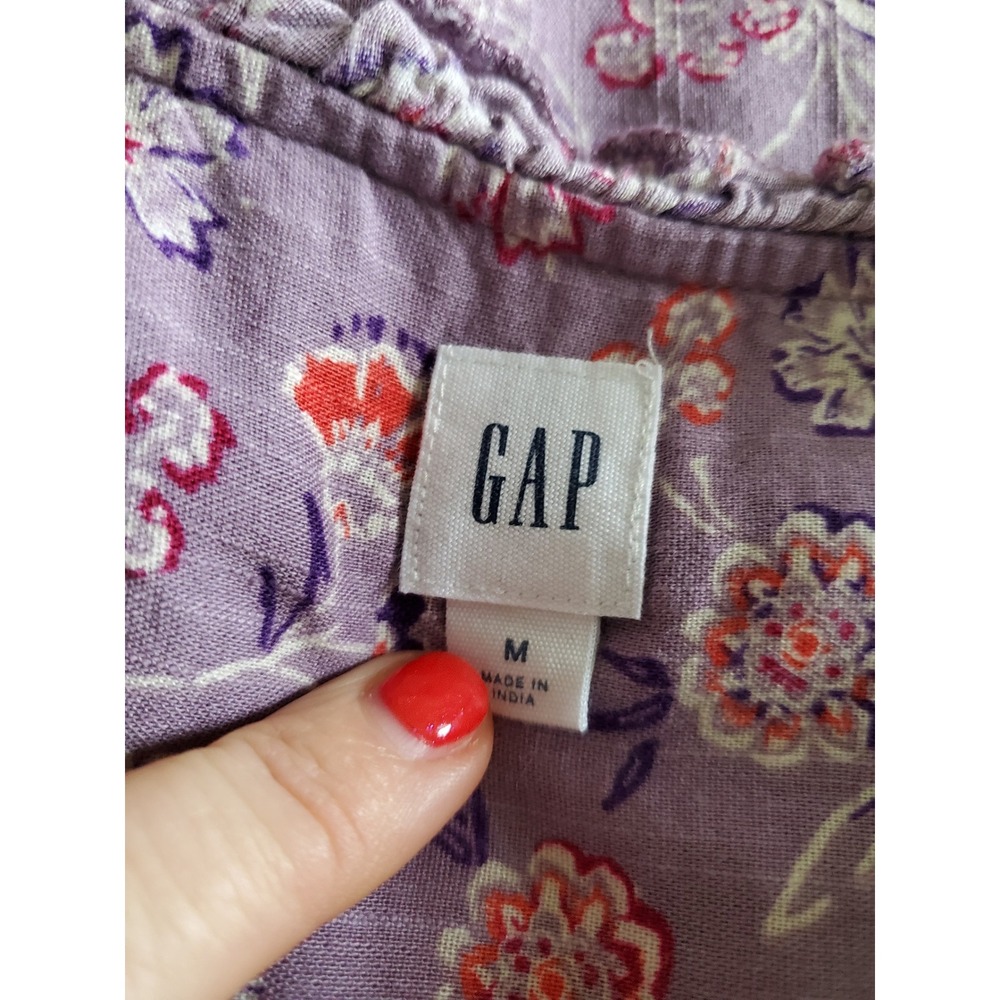 GAP Womens Purple Floral Ruffle Button Front Long Sleeve Peasant Top M - Picture 3 of 8